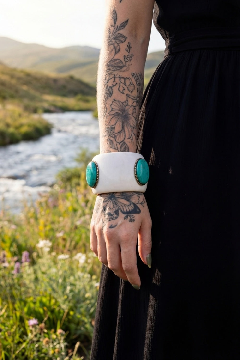 Pulseira Bracelete Largo De Cerâmica Com Pedras Yacamim #756