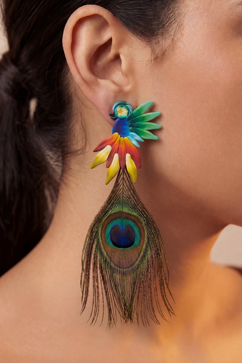 Brinco De Fimo Arara Com Pena De Pavão Yacamim #691