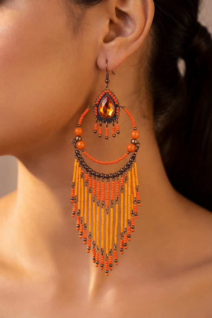 Brinco Artesanal De Miçangas Laranjas Yacamim #966