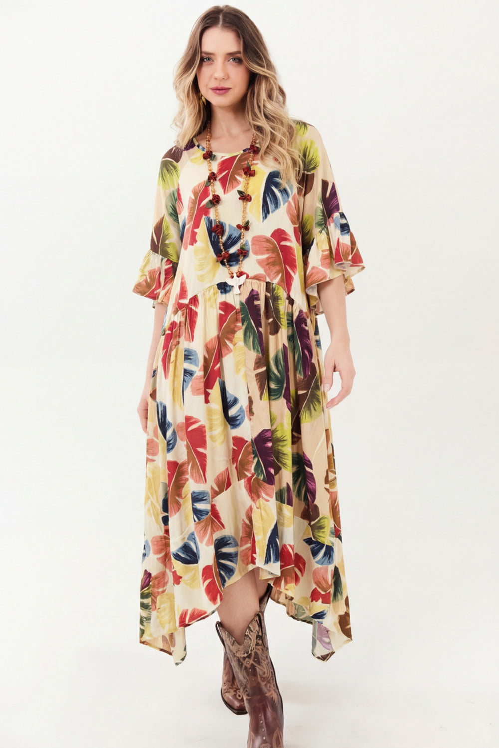 Vestido Midi Amplo Bege Estampa Costela De Adão Yacamim D11