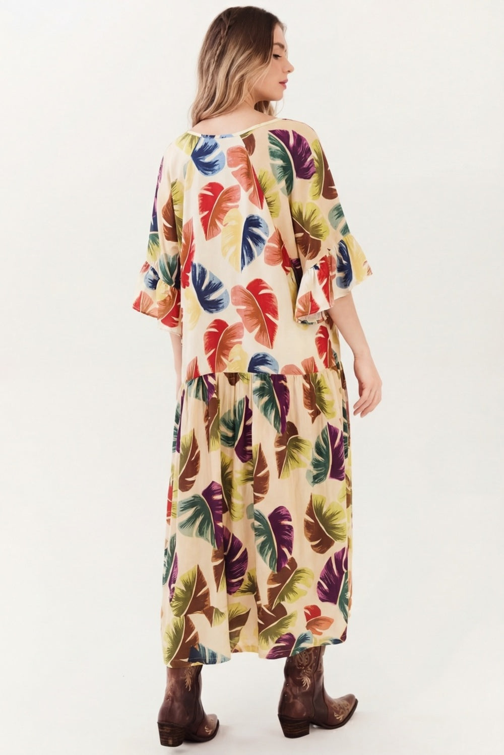 Vestido Midi Amplo Bege Estampa Costela De Adão Yacamim D11