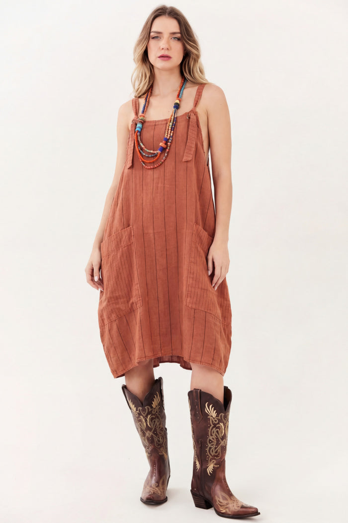 Vestido Curto Terracota Com Listras Largas Yacamim E7